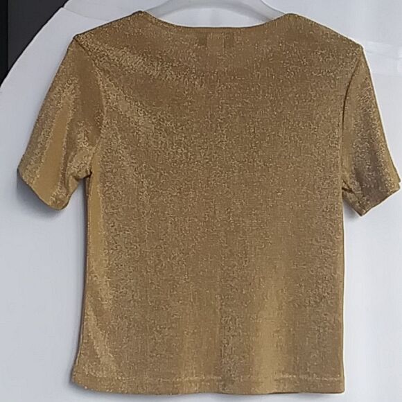 Michael Taylor Womens Vintage Metallic Gold Thread Knit Short Sleeve Shirt Small - Picture 2 of 7